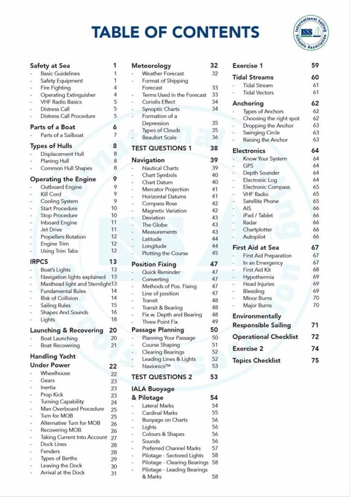 ISSA PDF Handbook index page for boat master course student textbook
