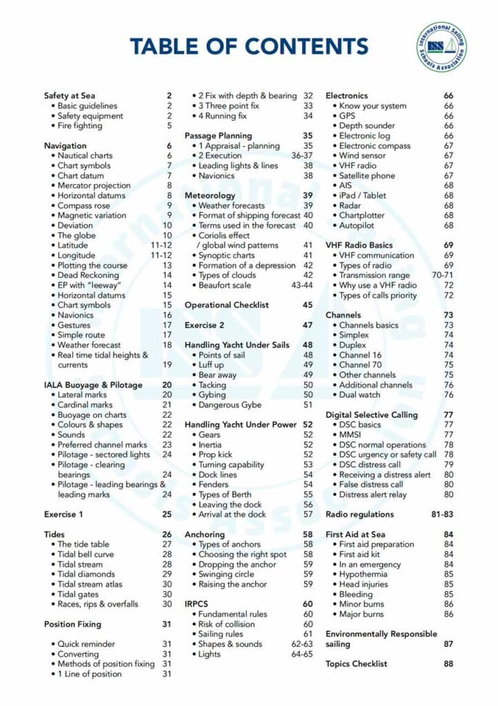 ISSA PDF Handbook index page for inshore skipper textbook