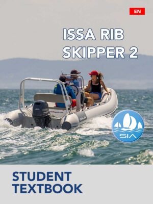 SIA student textbook cover for rib skipper course 2 with 2 male crew members and female passenger aboard a rigid inflatable boat on a calm sea