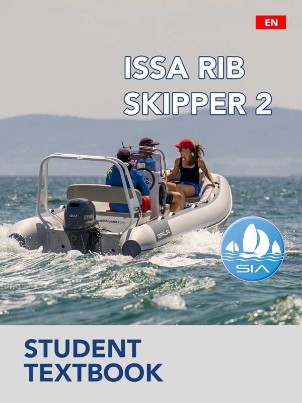 SIA student textbook cover for rib skipper course 2 with 2 male crew members and female passenger aboard a rigid inflatable boat on a calm sea