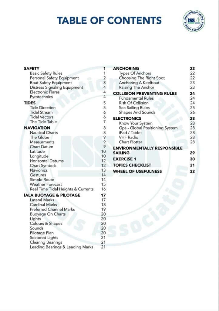 ISSA PDF Handbook index page for keelboat navigator student text book