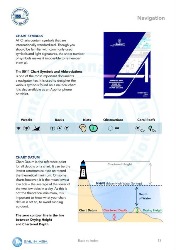 SIA-my-offshore-skipper-1-pdf-manual-P3 ISSA PDF Handbook page displaying diagrams and information about chart symbls and chart datum