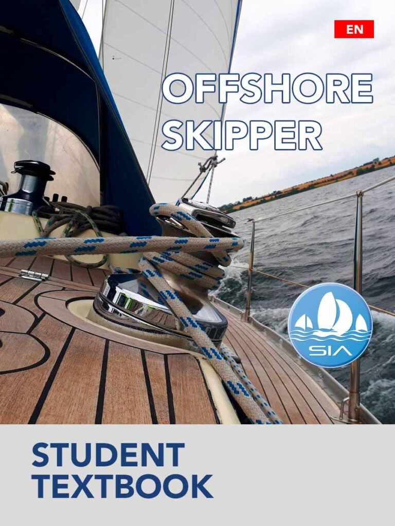 SIA student textbook cover for offshore skipper displaying a capstan with rigging on a wooden decked sailing yacht under sail