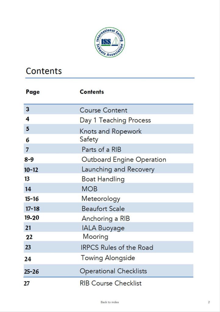 ISSA PDF Handbook index page for RIB skipper 2 student textbook